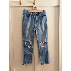 Levi's 724 High Rise Straight Crop Raw Hem Medium Wash Destruct Jeans 28